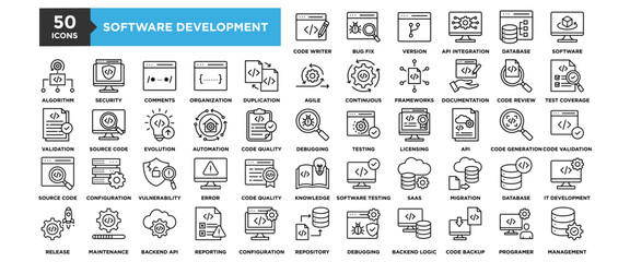 50 Software Development icon set. Containing design technology, computer, development, data, application	