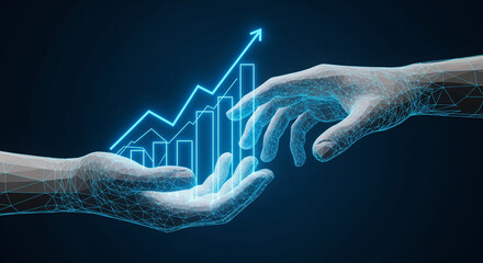 Conceptual digital representation of financial growth and partnership with futuristic network hands in blue