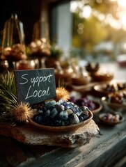 Handcrafted Jewelry and Pottery with Support Local Signage. Generative AI