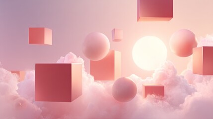 Floating geometric shapes in a soft pastel cloud scene