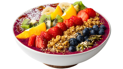A vibrant and colorful smoothie bowl topped with fresh fruit, granola, and seeds, isolated on Transparent Background.