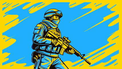 Modern Soldier Illustration in Blue and Yellow Pop Art Style with Rifle