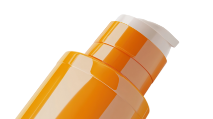 Bright orange sunscreen bottle on transparent top. PNG