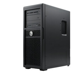 Black desktop computer tower with ventilation and front panel ports on white background