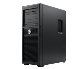 Black desktop computer tower with ventilation and front panel ports on white background