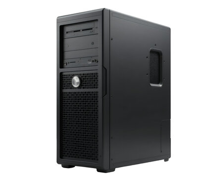 Black desktop computer tower with ventilation and front panel ports on white background