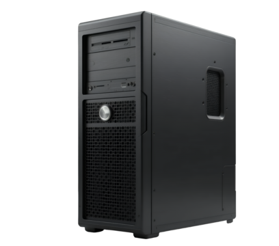 Black desktop computer tower with ventilation and front panel ports on white background