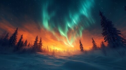 Winters fiery embrace under emerald skies