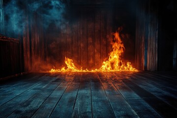Flames and smoke engulf wooden walls and floor during a night fire incident, flames and smoke on wooden walls and floor, night view