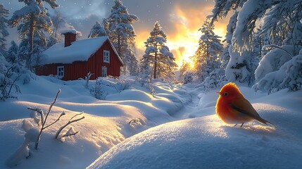 Winters glow Robin warms beneath sunsets kiss