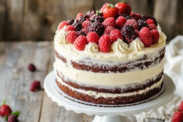 Delicious layered chocolate cake topped with fresh berries and whipped cream
