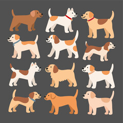 Naklejka premium Collection of Flat Colorful Different Dog Breeds Vector Illustration – Cute Pet Dog Clipart in Various Colors and Styles for Stickers, Posters, Animal Education, Pet Branding, and Dog Lover Designs