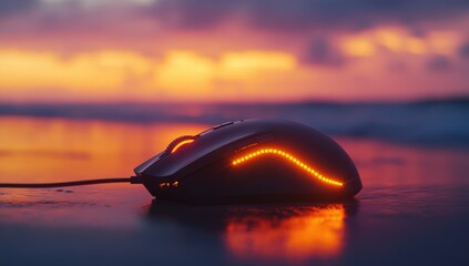 A dark gray computer mouse, lit with orange LEDs, rests on wet sand at sunset