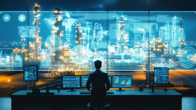 Technician Overseeing Oil Plant Operations from Command Center