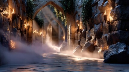 Stone Dungeon Corridor with Torchlight and Shadows. Generative AI