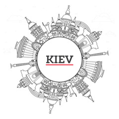 Outline Kiev Ukraine City Skyline with Historic Buildings and copy space Isolated on White. Illustration. Kiev Cityscape with Landmarks.