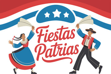 Fiestas Patrias Celebration with Dancing Couple and Patriotic Stars Vector Illustration 2