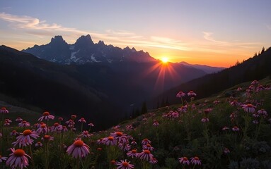 Obraz premium Sunset Over Majestic Mountains and Blooming Flowers,