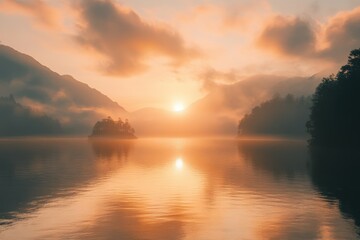 Obraz premium Stunning sunrise over the calm lake surrounded by mountains and mist, the beautiful sunrise over the lake is simply stunning