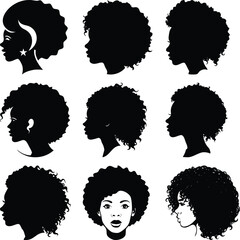 Silhouette portraits showcase diverse African American women with afro hairstyles, each exhibiting unique facial features
