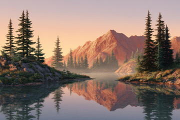 oggy mountain landscape at sunrise, pine trees, lake reflection, ultra-realistic.