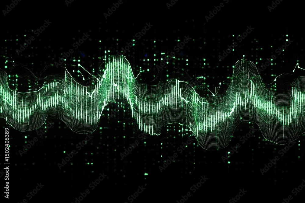 Poster digital audio spectrum sound wave effect showcasing music visualization in vibrant green tones, digi