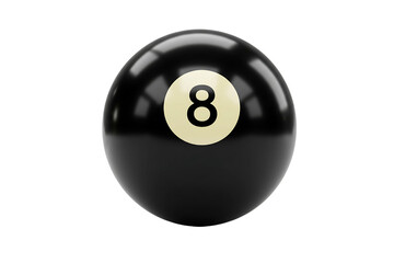 Glossy black billiard 8-ball with white circular number, symbolizing precision, luck, and strategy in pool games, isolated on a transparent background for sports or gaming design elements