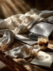 Laptop coffee and heart sketch for charity donation page mockup. Generative AI