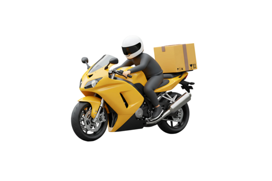 Illustration of a yellow delivery motorcycle in motion, carrying a parcel, dynamic courier concept isolated on transparent background, symbolizing fast and efficient shipping service