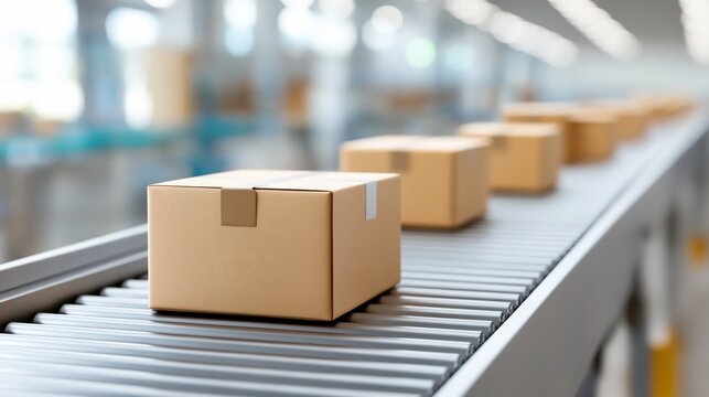 Cardboard boxes on a conveyor belt in an industrial setting