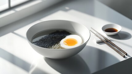 A bowl of ramen with a soft-boiled egg and sesame seeds, accompanied by chopsticks and soy sauce
