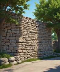 Stone wall park poster mockup, trees background,  media, poster mockup