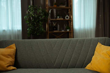 Modern Living Room with Stylish Gray Sofa and Cushions