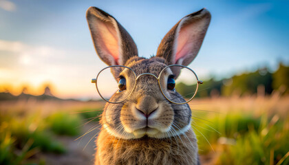 A smart-looking brown rabbit wearing glasses against the backdrop of nature.