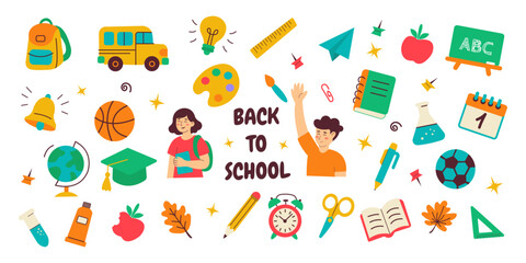 Back to school vector illustration in a fun, colorful flat doodle style. Features children, school items, autumn leaves, art tools, science elements, and learning symbols.