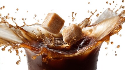 Sweet, fizzy drink splash with sugar cubes