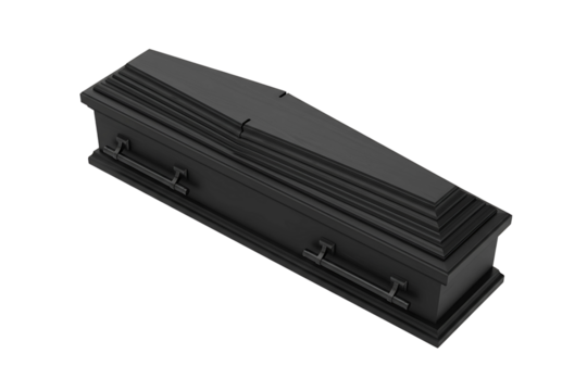 Sleek black coffin with minimalist trapezoidal shape and subtle layered lid details, modern funeral casket design isolated on transparent background for gothic, ceremonial, or design use