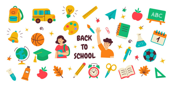 Back to school vector illustration in a fun, colorful flat doodle style. Features children, school items, autumn leaves, art tools, science elements, and learning symbols.