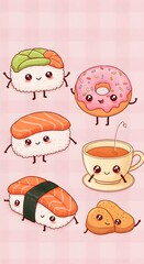 Cute Kawaii Food Characters – Sushi, Donut, Tea, and Snacks Vector Illustration

