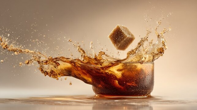 Brown sugar cube splashing into dark drink