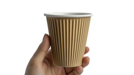 Hand holding disposable takeaway cup isolated on transparent. PNG