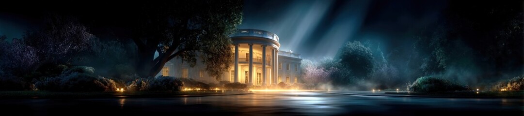 White House illuminated at night on Presidents' Day symbolizing U.S. leadership and government. Generative AI
