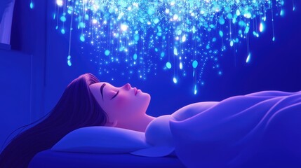 Woman peacefully sleeping with a dream - like light display above