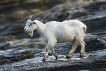 Obraz premium White goat on wet rocks