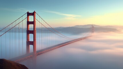 Fototapeta premium Golden Gate Bridge surrounded by fog at sunrise