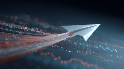 Paper Airplane Soaring Through Digital Data Stream Conceptual Image of Innovation and Progress