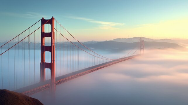 Golden Gate Bridge surrounded by fog at sunrise - Powered by Adobe