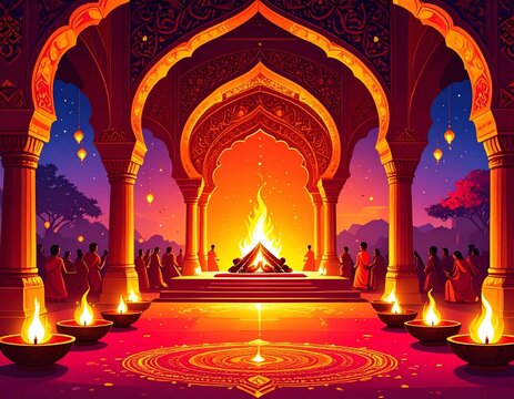 Abstract watercolor mandap scene with fire ritual, vibrant yellow and crimson colors, 