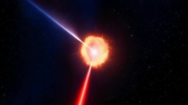Simulation of a dying star collapsing into a black hole, with light bending around the event horizon and cosmic jets emitting high-energy particles into space.
