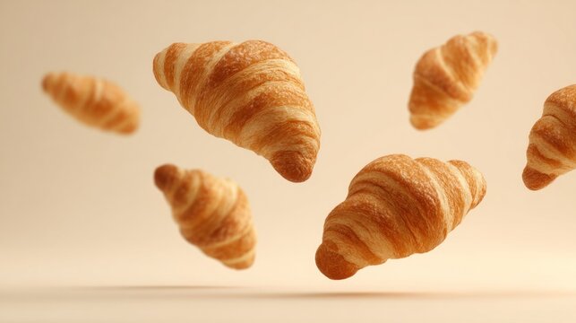 Golden croissants levitate in soft beige light